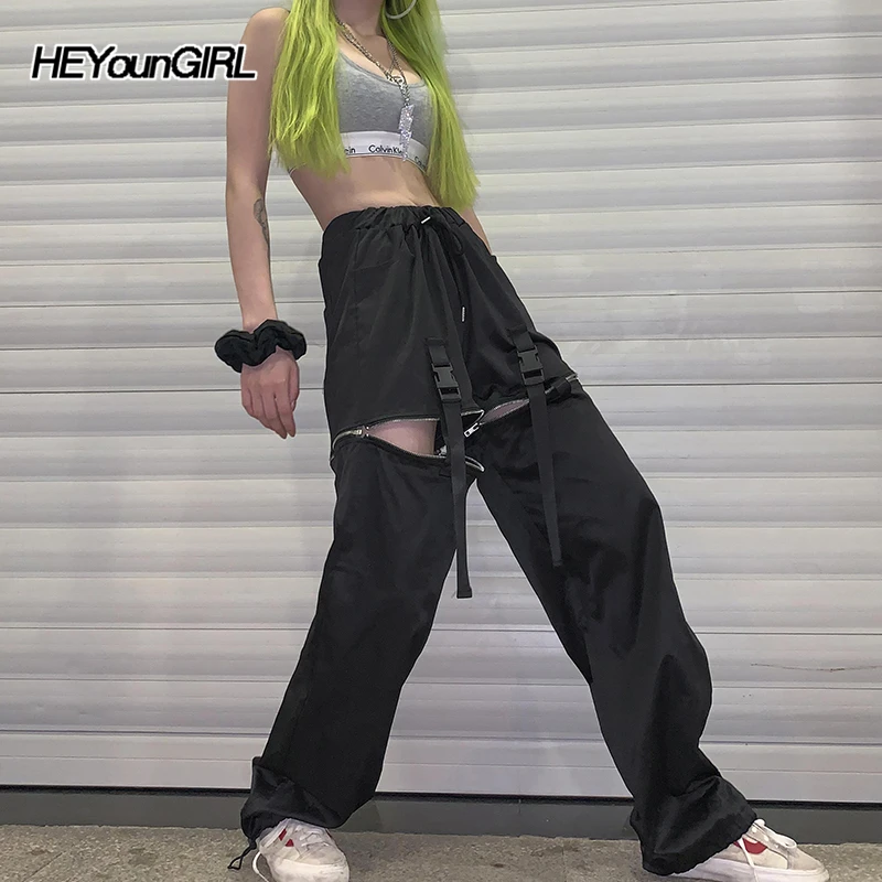 HEYounGIRL Harajuku Свободные черные женские брюки-Карго повседневные Хип-хоп брюки капри мешковатые свитшоты брюки с пряжкой уличная одежда