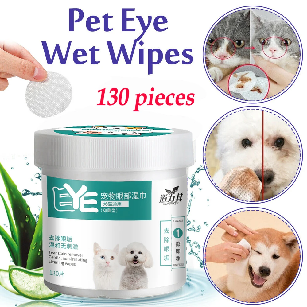 130 uds/mucho mascotas perros gatos borrar del ojo del animal doméstico de toallitas húmedas perro gato lágrima removedor de manchas de ojo de Pet aseo toallitas elementos para el cuidado de mascotas