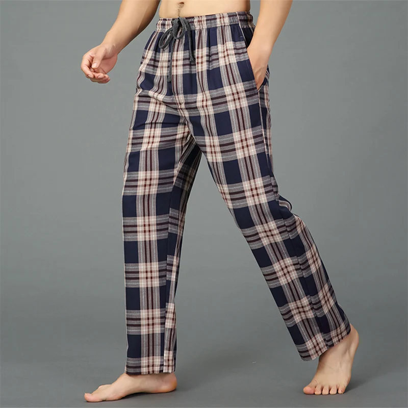 Baratos Verano 100% algodón dormir bottoms hombres pijamas simples ropa de dormir Pantalones casual plaid sheer men home pantalones de talla grande XXL 100KG