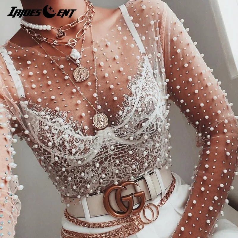 Casual Mesh Pearls Detail O-neck Long Sleeve Tops Women Solid Black White See Through Short Tee | Женская одежда