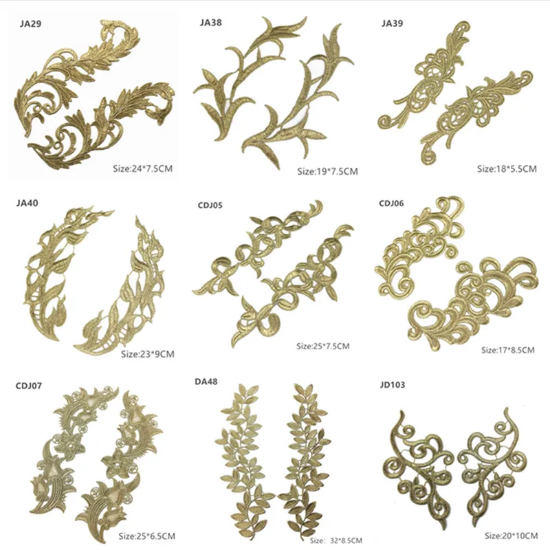 Mirror Pair Embroidered patches Golden Guipure Lace Sewing lace for dress Applique DIY Bridal Headdres Lace Collar JA104