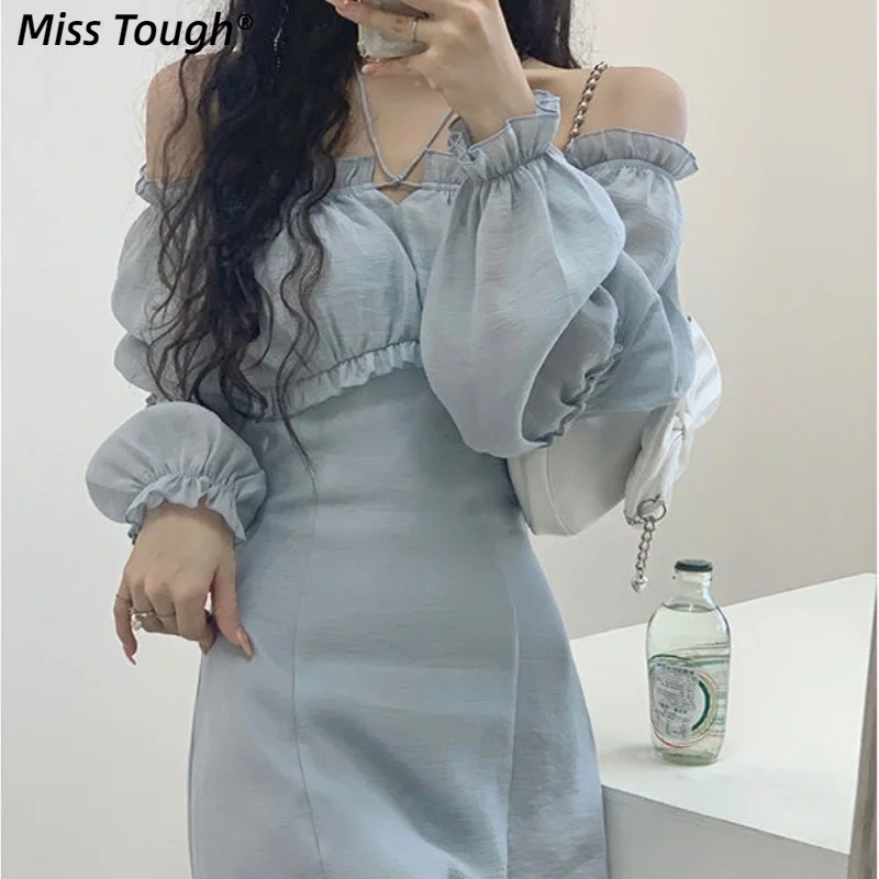 AutumnSolidElegantDressWomenKoreanPrincessHighWaistCasualSweetDressFemalePartyLong