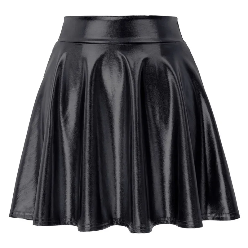 KK Новая розовая и серебряная Милая Однотонная юбка в стиле ретро из имитированной кожи, блестящая мини-юбка, юбки выше колена для женщин - Цвет: Black