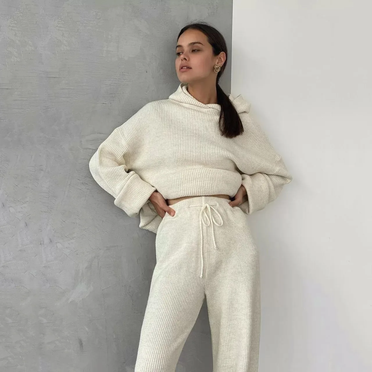 

Women Knitted Sweat Suits Winter Matching Sets Long Sleeve Hoodie+wide-legged Pants Loungewear Sweater Set Two Piece Outfits