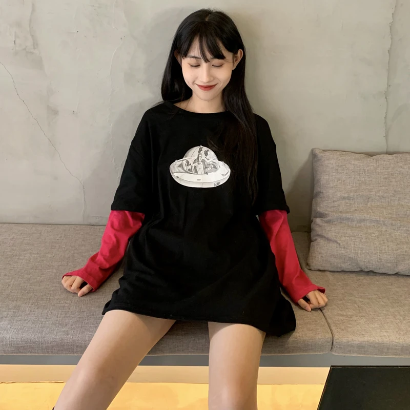 Для женщин футболки топы Винтаж японский Kawaii женские кепки, кепки в стиле ленивый свободного кроя с принтом; узкая Женская футболка в Корейском стиле Harajuku одежда для Для женщин