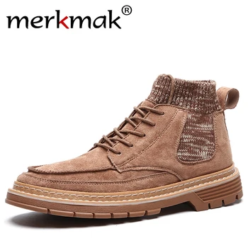 

Merkmak 2019 Winter Men Boots High Quality Men Fashion Sock Ankle Boot Lace-up Hiking Boots Male Big Size 45 Sneakers Shoes Flat