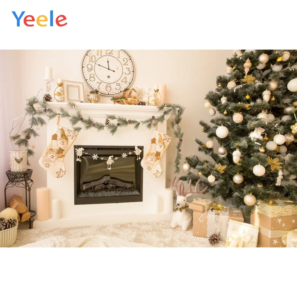 

Yeele Christmas Tree Fireplace Sock Clock Gift Photography Background Vinyl Baby Portrait Photographic Backdrop for Photo Studio