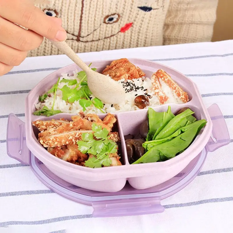 

Round Wheat Straw Lunch Box with Spoon Bento Box Creative Square Tableware