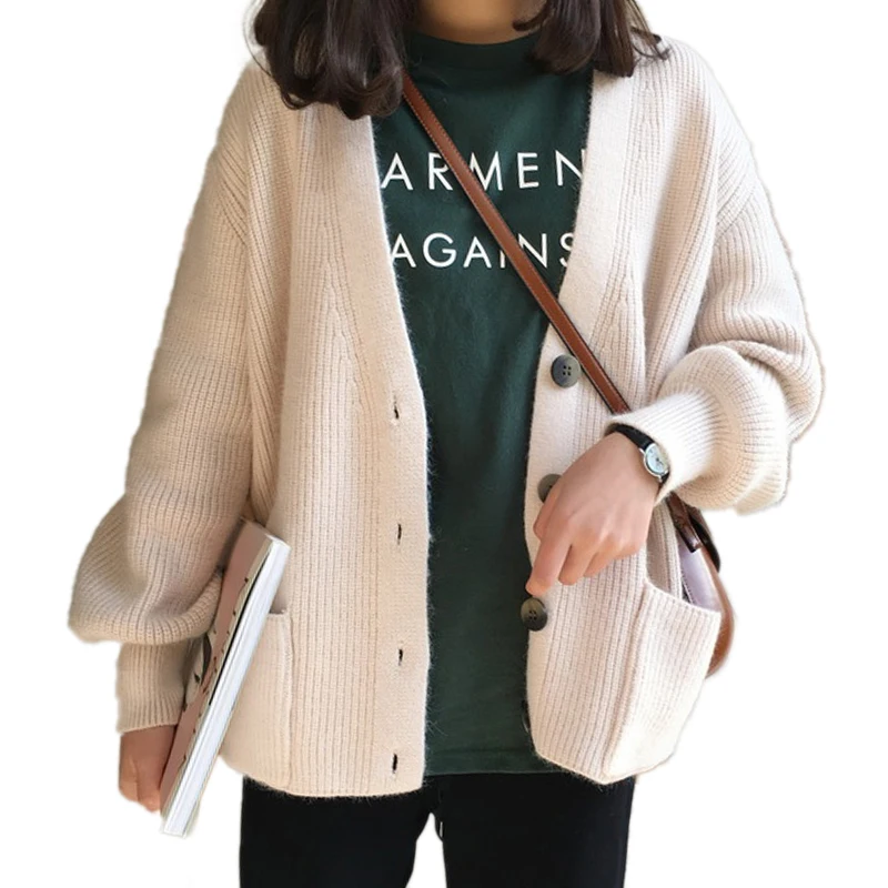 

Women Winter Autumn Cashmere Cardigan With Buttons 2019 New Knitted Sweater With Long Sleeve Ladies Casual