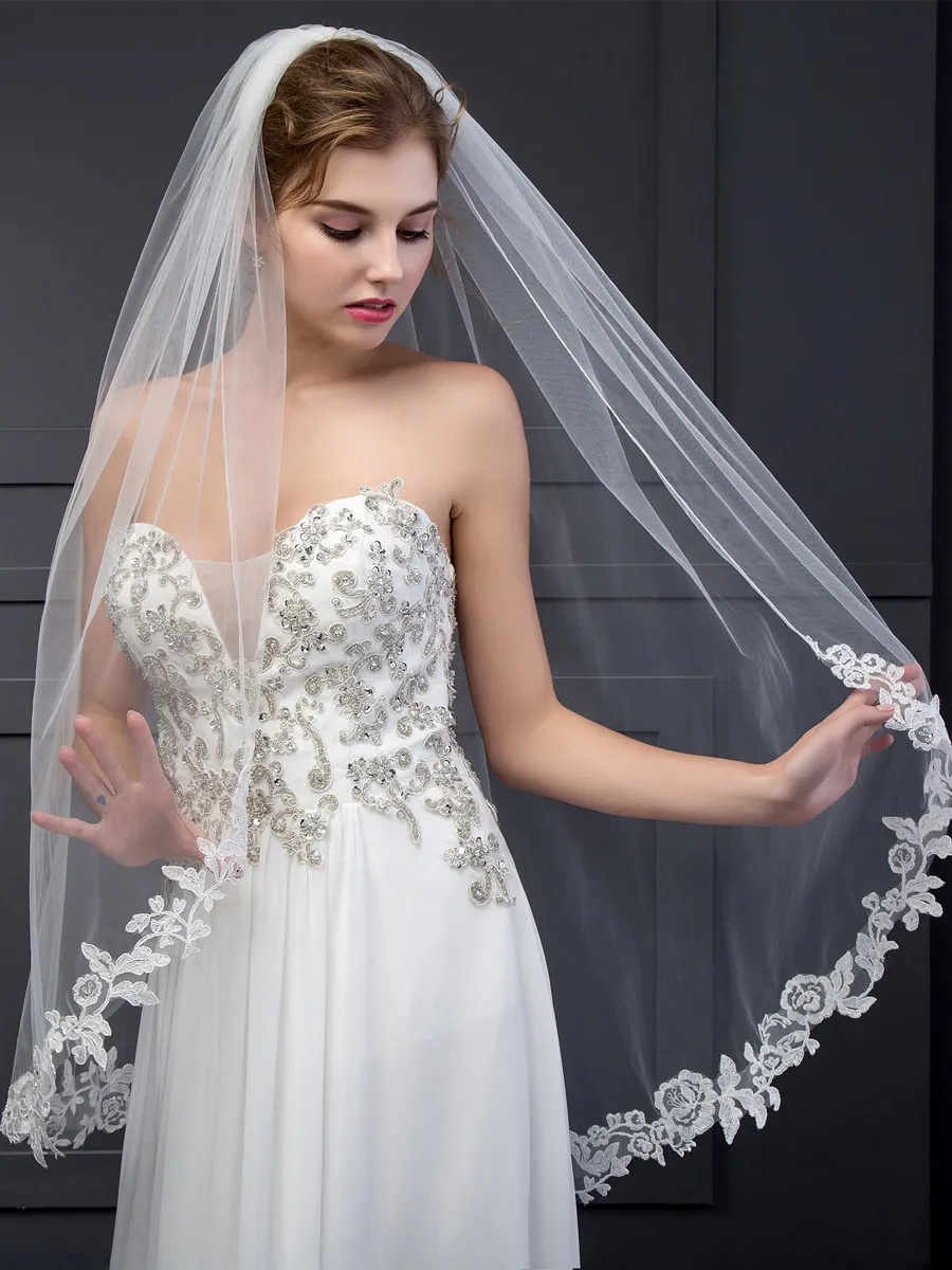 Tanpell Stunning Appliques Wedding Veil Ivory One-Layer Tulle Short Wedding Veil