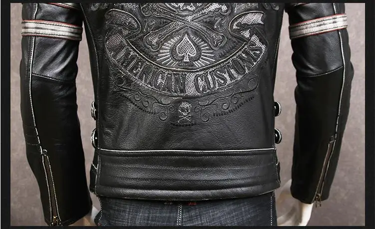 Vintage Black Men Skulls Embroidery Biker's Leather Jacket Plus Size XXXXL Genuine Cowhide Spring Slim Fit Leather Coat