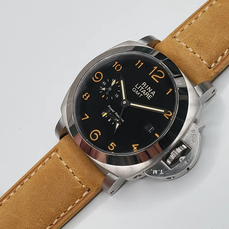 

automatic mens watch 24hours 44mm power reserve polished bezel silver 316L steel case brown leather strap WR2