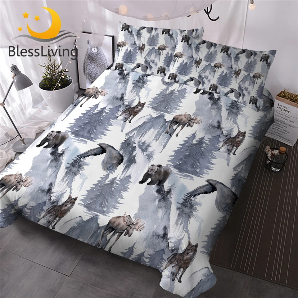 

BlessLiving Wild Animals Duvet Cover Set Watercolor Bedlinen Natural Trees Bedding Coverlet Eagle Bear Elk Wolf Grey Bed Cover