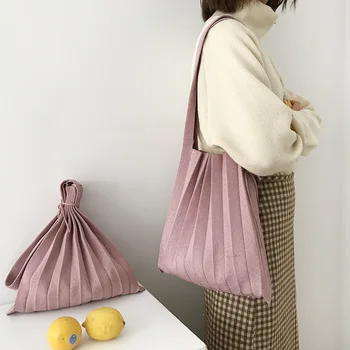 

Women Handbag Wool knitting Pleated Bags Drawstring Shopping Bags Girls Causal Weave Hand Bag Korean Japanese Chic Casual Totes