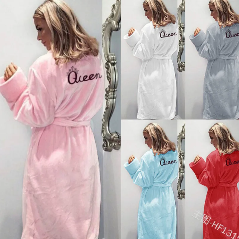 Night Robe Sleepwear Dress New Winter Solid Flannel Long Printed Lettered Cardigan Queen Robe Female European Style Costumes