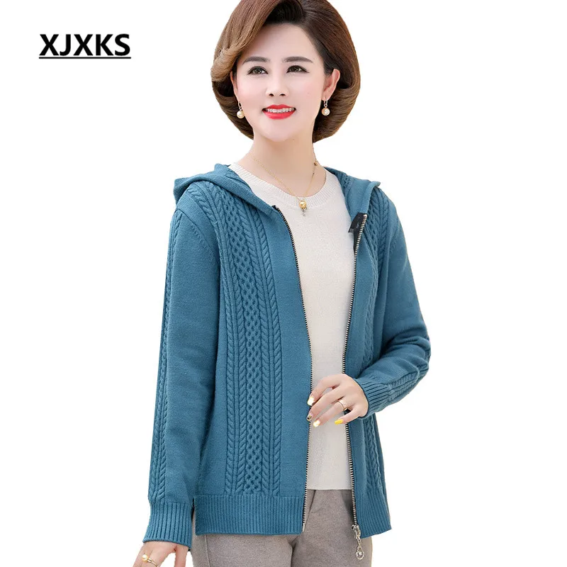 

XJXKS 2019 Autumn Winter New Fashion Hooded Women Sweater Coat Loose Plus Size Comfortable Cashmere Knitted Jacket