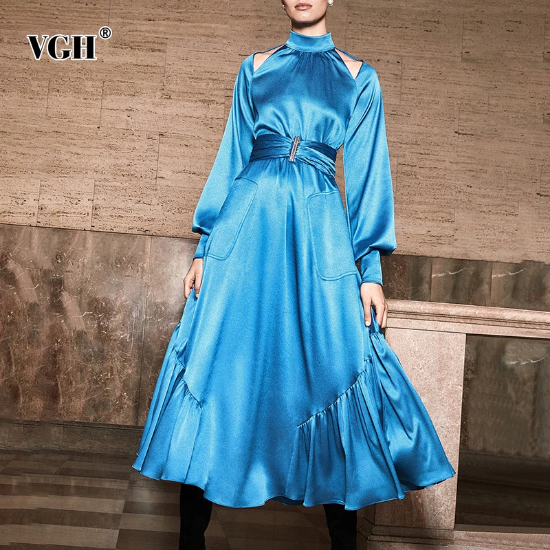 

VGH Elegant Hollow Out Dresses Female Halter Puff Sleeve High Waist Tunic Large Size Maxi Dress Women 2019 Autumn New Clothing