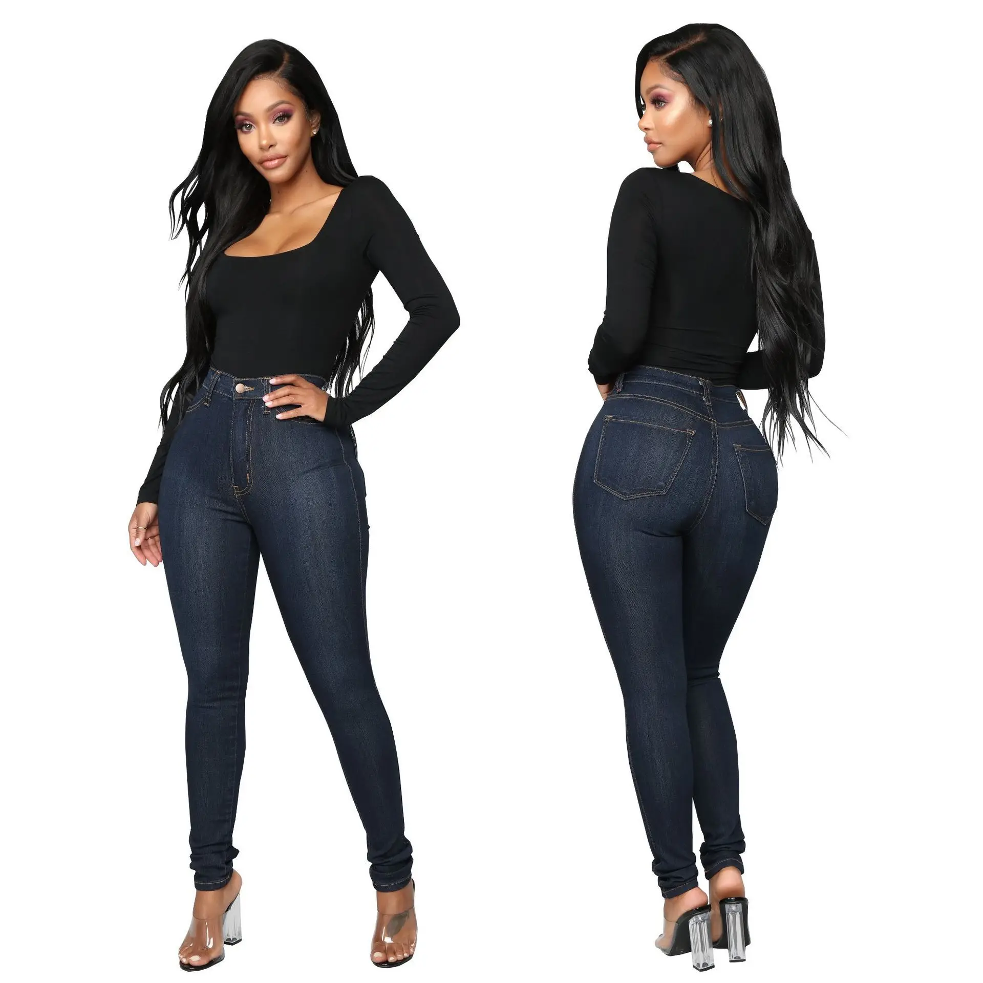 Blue European American Fashion Wild Elastic High Waist Women's Jeans Pencil Feet Pants New Style Grande Taille Femme Push Up Jeans - Color: Blue