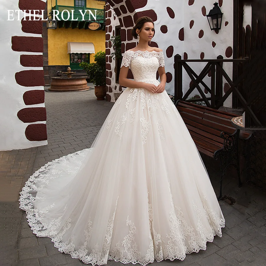 ETHEL ROLYN Romantic Boat Neck With Jacket Wedding Dress Princess Lace Up Chapel Train Bride Dresses Appliques Gowns | Свадьбы и