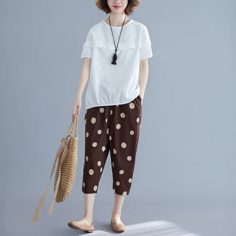 

2019 Summer New Style Hipster Large Size Literature And Art Loose Cotton Linen Short Sleeve T-shirt And Capri Harem Pants WOMEN'