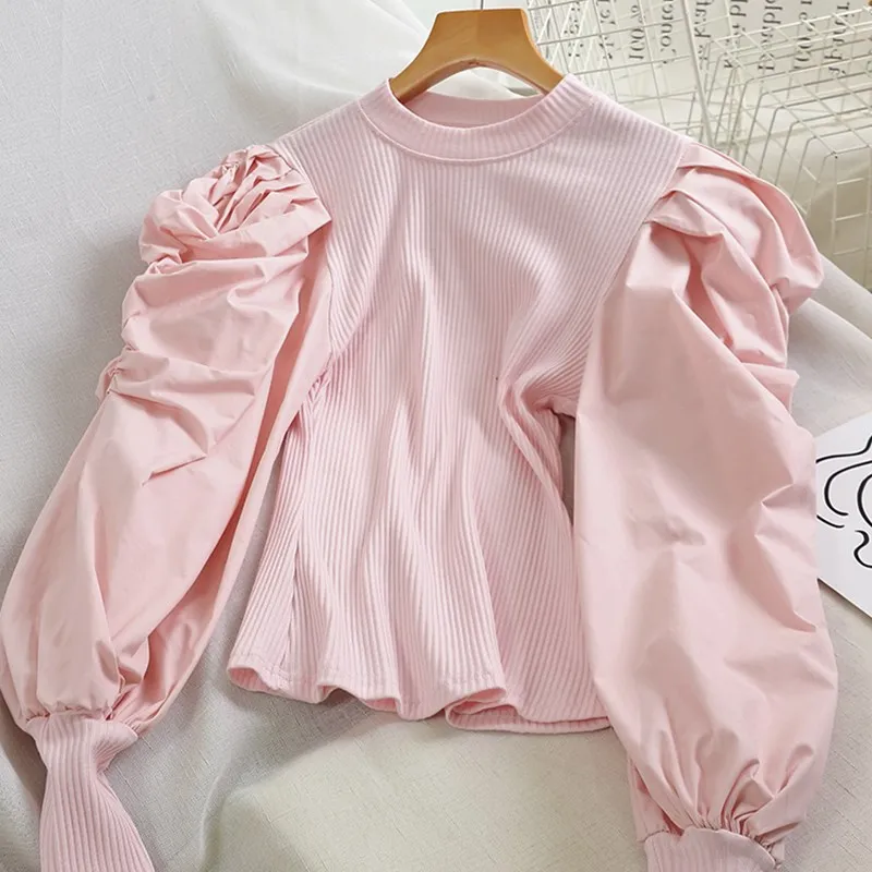 Км стильная повседневная футболка Женская Топ с длинным рукавом Корея Осень Новая мода с пышными рукавами хлопок рукав трикотажная футболка - Цвет: Розовый
