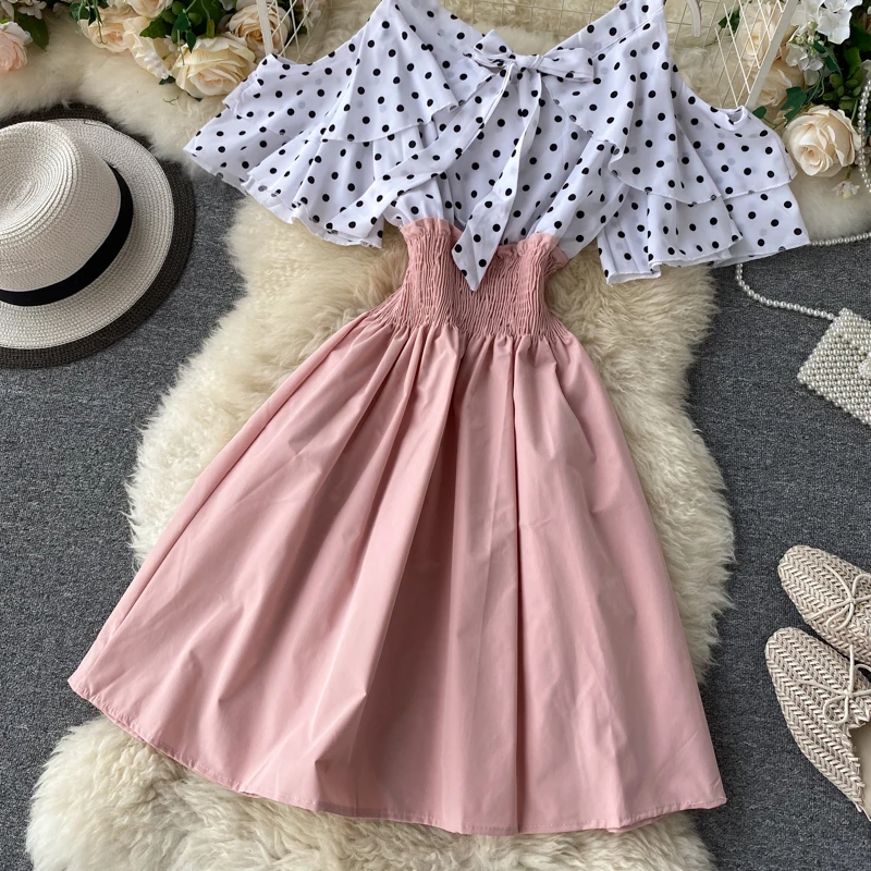 Boho Ruffles sexy Off shoulder polka dot print patchwork Summer short Dress Women slim waist dress casual a-line beach dress