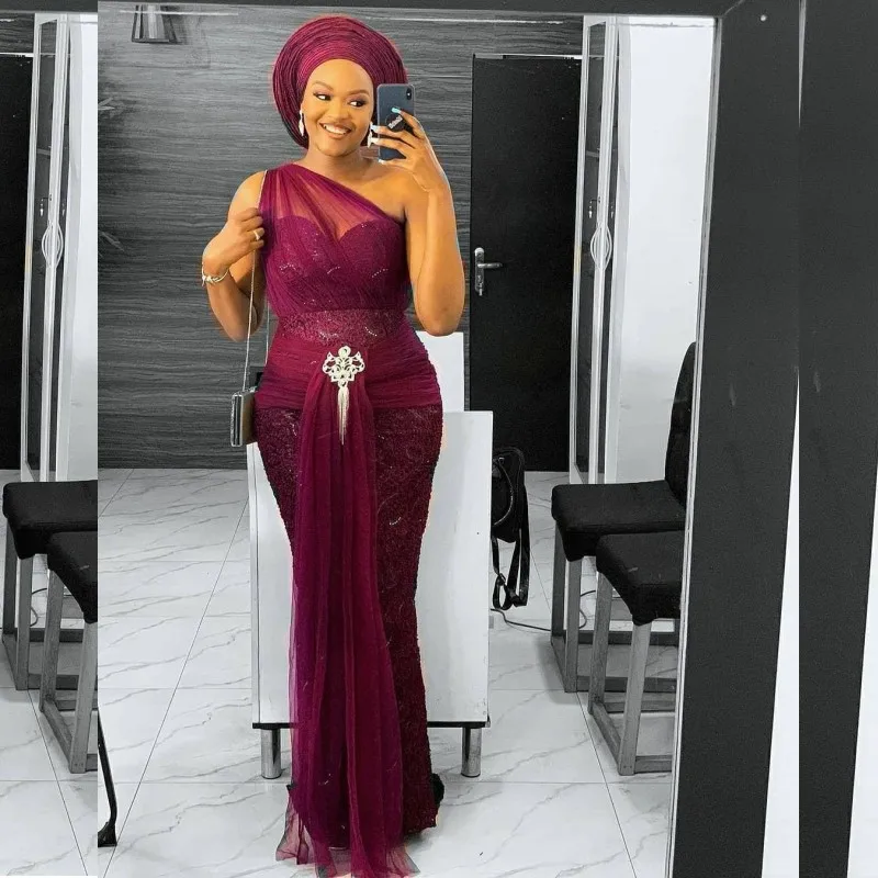 

African Grape One Shoulder Evening Dresses Aso Ebi Mermaid Prom Dress Plus Size Beads Tassels Lace vestido de fiesta de boda