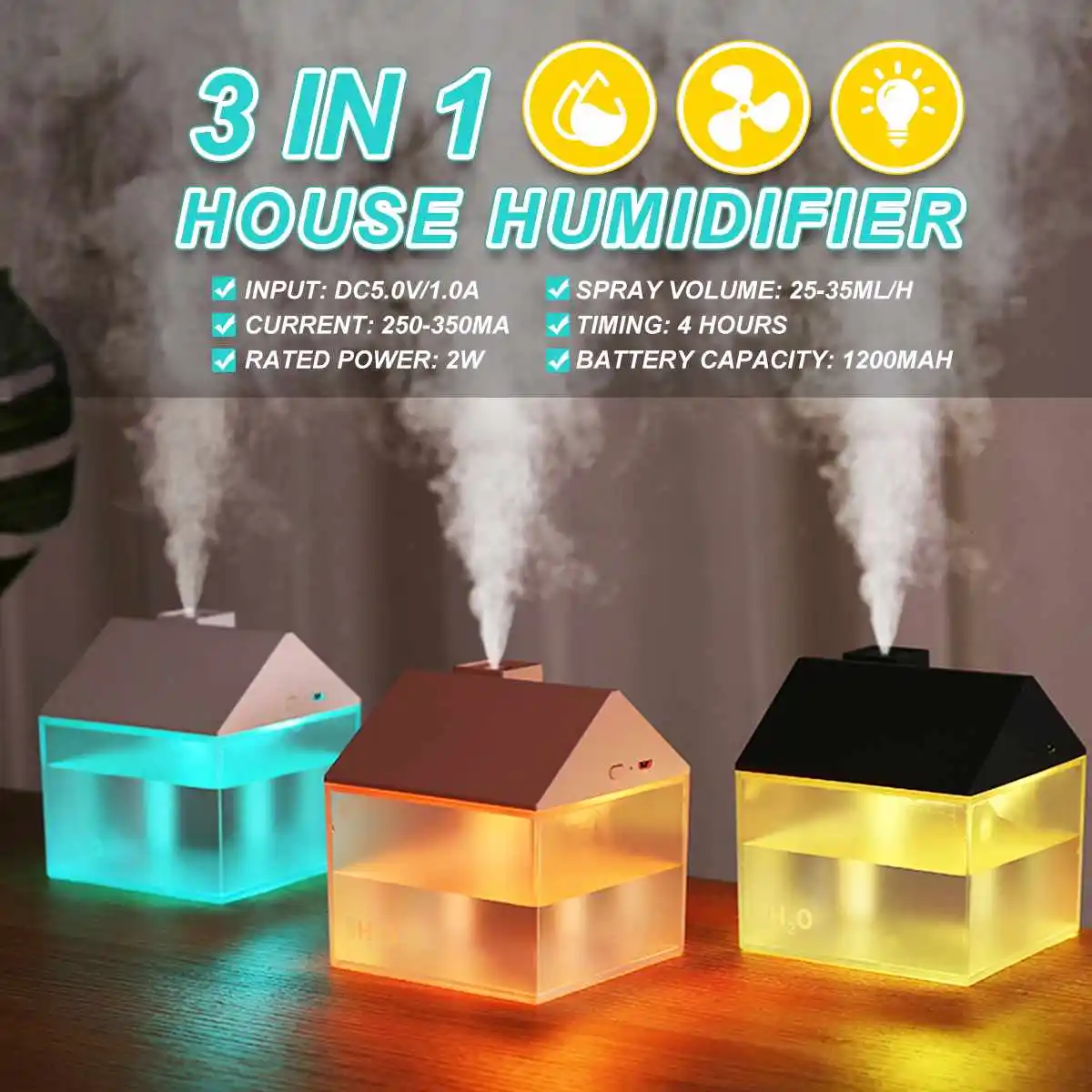 

Portable Night Light Mini Humidifier Led-Light 3 in 1 Small House Humidifier USB With Battery For Office Desktop