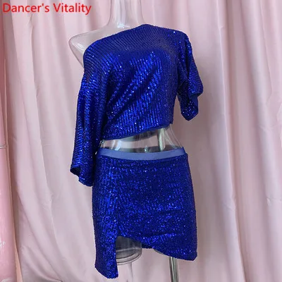 Женская одежда для танца живота, новинка, блестящий топ с вырезом лодочкой, короткая юбка комплект для восточных индийских танцев, 2 цвета, костюм для выступлений - Color: Top Skirt as Photo