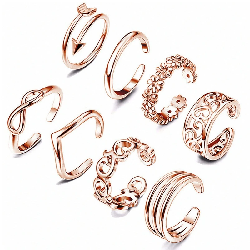 8Pcs Summer Beach Vacation Knuckle Foot Ring Open Toe Rings Set for Women Girls Finger Heart Ring Adjustable Jewellery