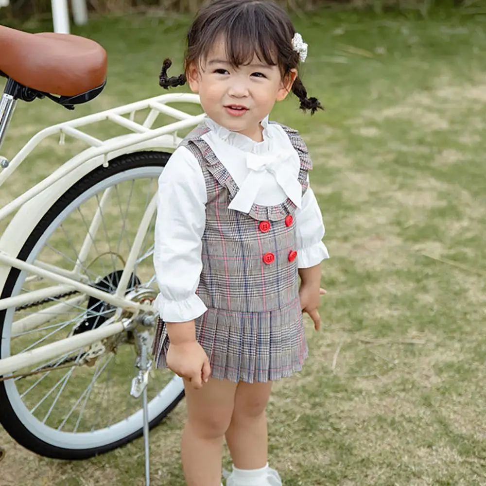 Dress1-7T для маленьких девочек Милая одежда для маленьких девочек милое платье принцессы в клетку с фальшивым принтом, длинный рукав до основания