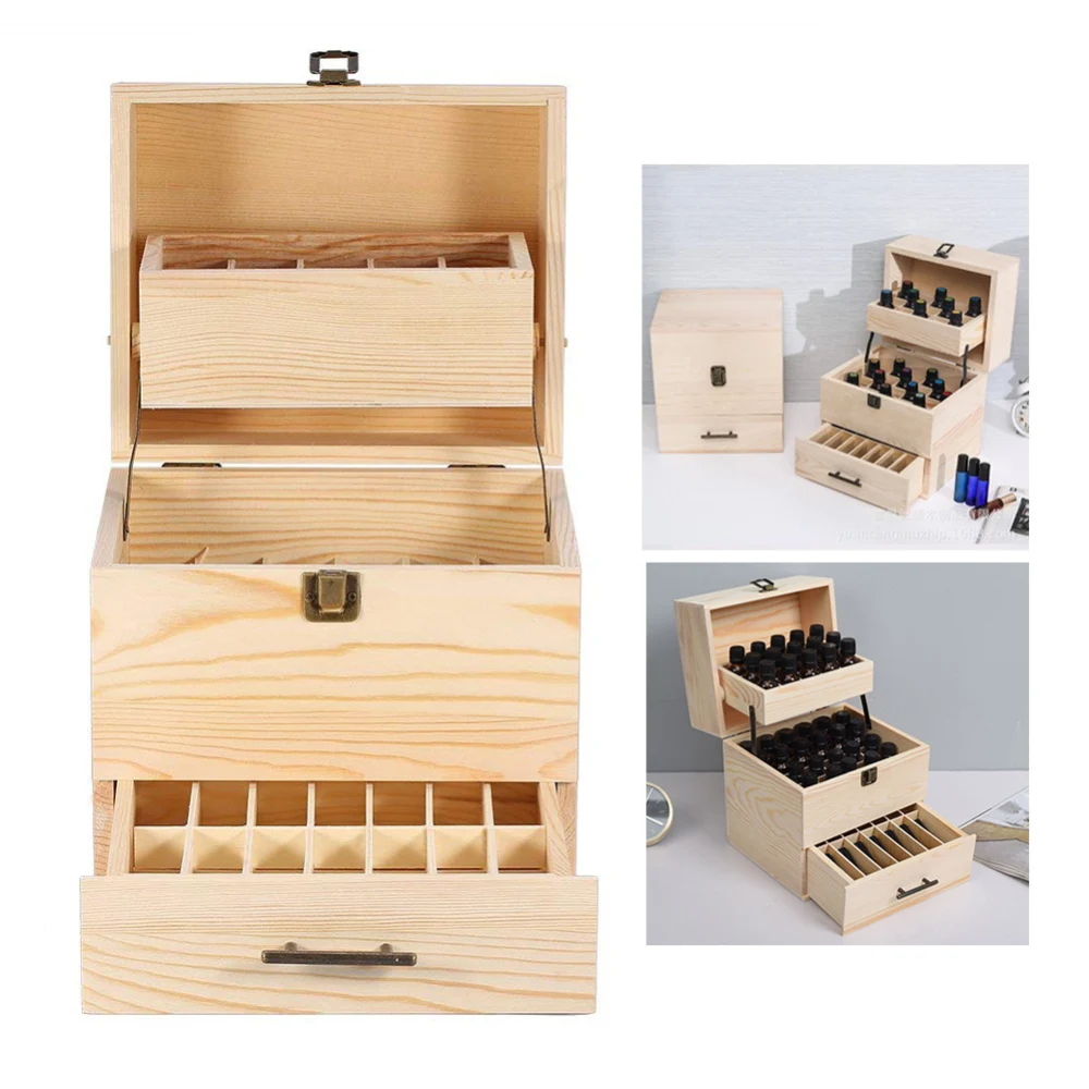 

Makeup Tool Essential Oils Storage Box 3 Tier Wooden Oil Bottle Drawer Display Container Home Toiletry Tool Kit