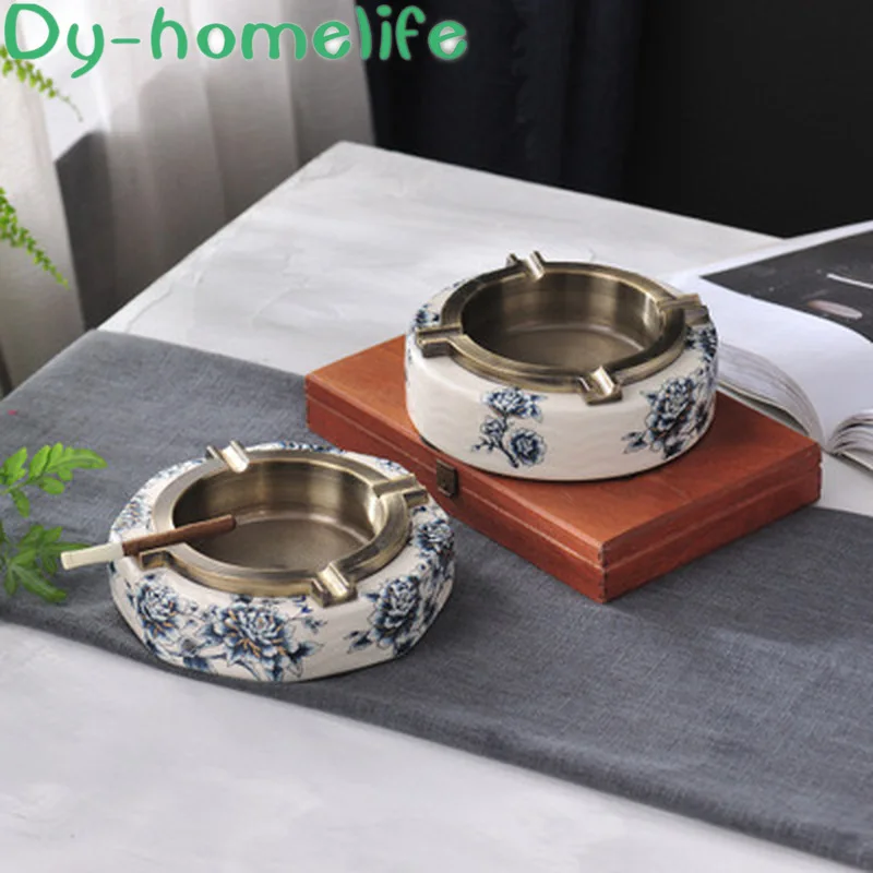 

16*5cm Chinese Creative Diamond Round Flower Ice Crack Ceramic Alloy Ashtray Home Living Room Decoration Supplies Cigar Ashtray