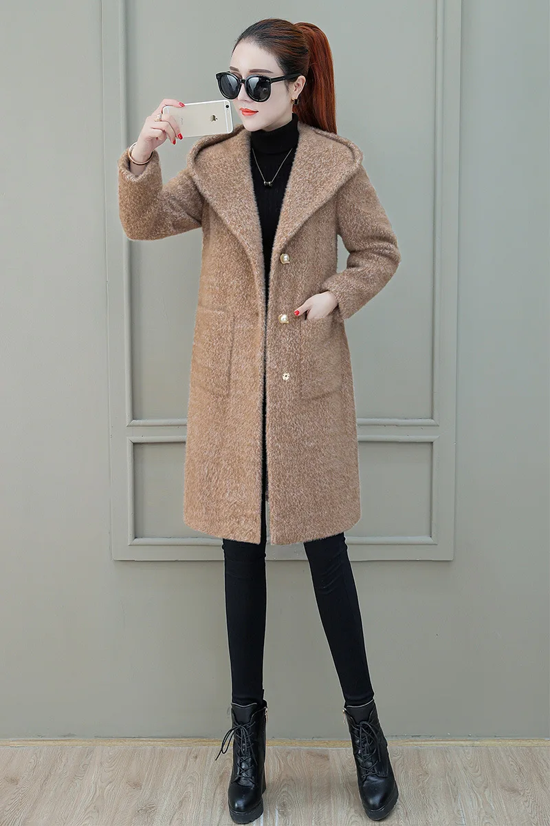 New Style Fashion Plush Coat Women's Winter Korean-style Loose Warm Elegant Goddess-Style Hooded Woolen Jacket
