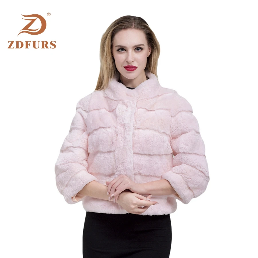 ZDFURS* Мандарин короткая куртка с воротником Полный Пелт Настоящий мех кролика пальто в полоску натуральный жилет