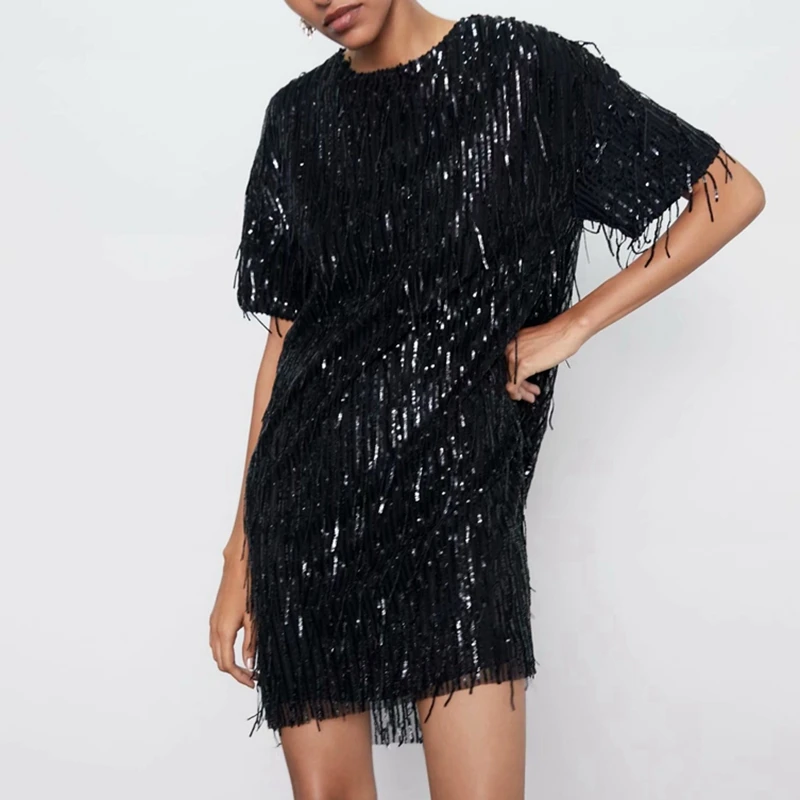 Black Sequin Dress Зеленое черное платье с блестками, корейское блестящее мини-платье, летние платья с коротким рукавом, элегантное платье с кисточками, женские вечерние летние платья - Цвет: Black Sequin Dress