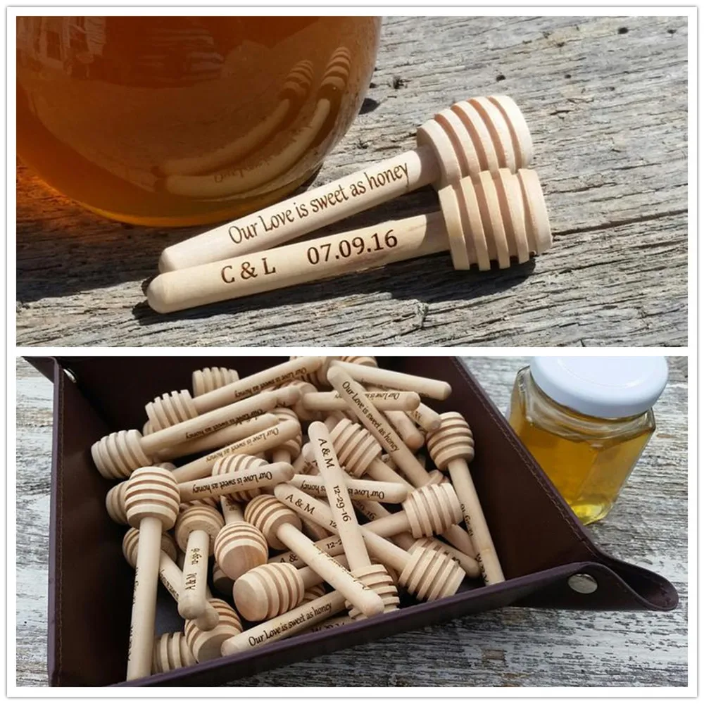 50 шт./лот, персонализированная деревянная мини-палочка для меда с гравировкой, деревянная палочка для перемешивания меда, уникальные индивидуальные вечерние подарки