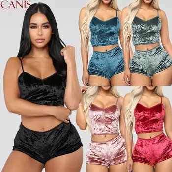 

2020 Summer Two Piece Set Womens Velvet Pajamas Set Sleepwear Sexy Sleeveless Crop Tops Shorts 2Pcs Set Nightwear Plus Size