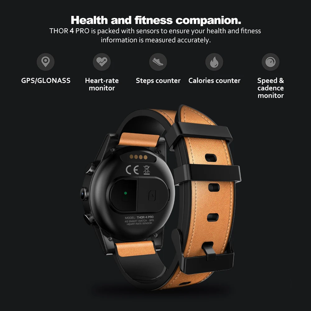 THOR 4 PRO 4G SmartWatch 1.6 inch Crystal Display GPS/GLONASS Quad Core 16GB 600mAh Hybrid Leather Strap Smart Watch For Men