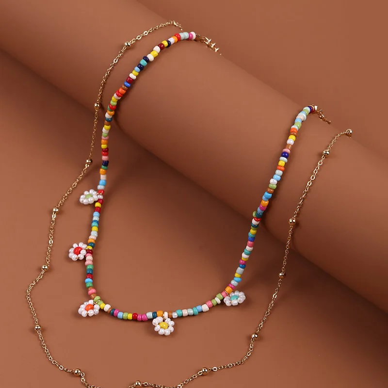 2 Pcs/Set Fashion Gold Color Metal Chain Necklace For Women Multicolor Beaded Handmade Flower