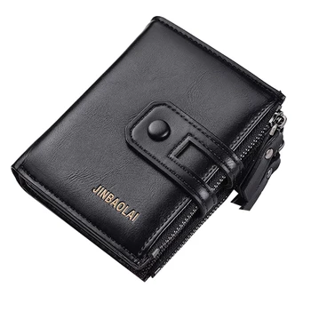 

JINBAOLAI Men's Brand Wallet Double Zipper Buckle Design Small Wallet Men's High-Quality Short Card Holder Coin Purse Black