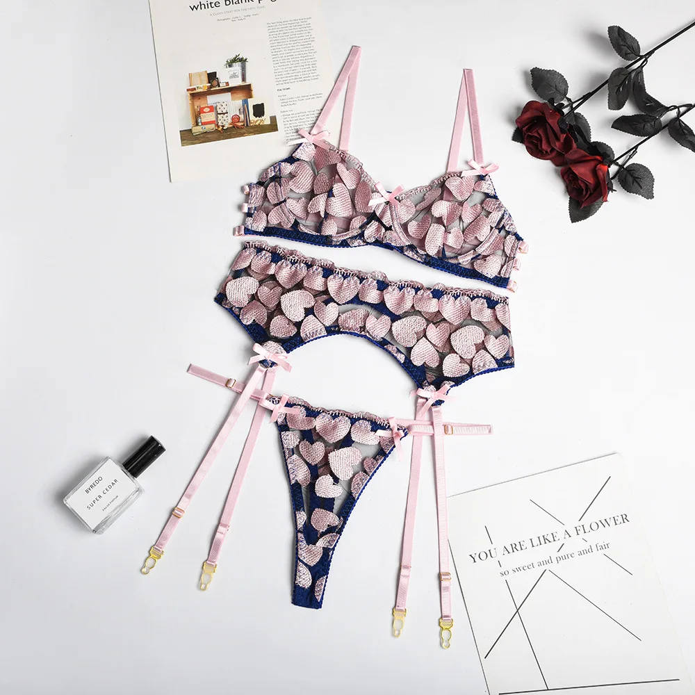 

Woman's Erotic Lingerie Set 3 Pieces Sensual Embroidery Transparent Brief Sets Fancy Garters Lingerie Bra Kit Push Up And Thongs