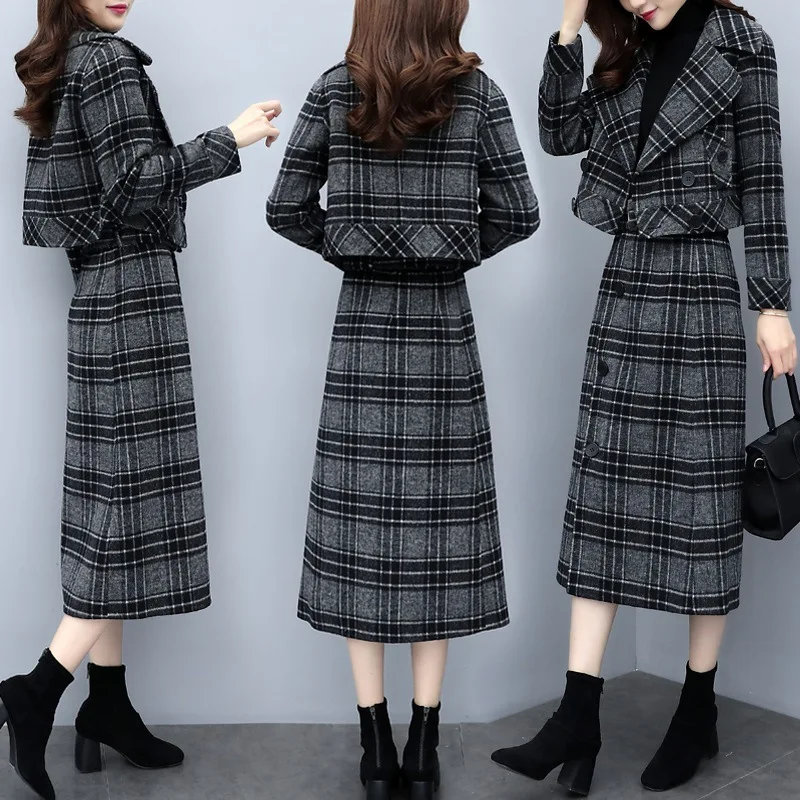

2019 New Style WOMEN'S Dress Spring Clothing Two-piece Dress Short Plaid Woolen Coat Elegant Skirt Fashion WOMEN'S Suit