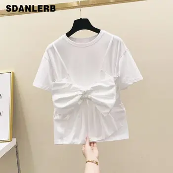 

2020 Summer Bow-Tie Strap Top + Short Sleeve Loose Cotton T-shirt Ladies Tops White Tshirt Girls Students Blusas T Shirts
