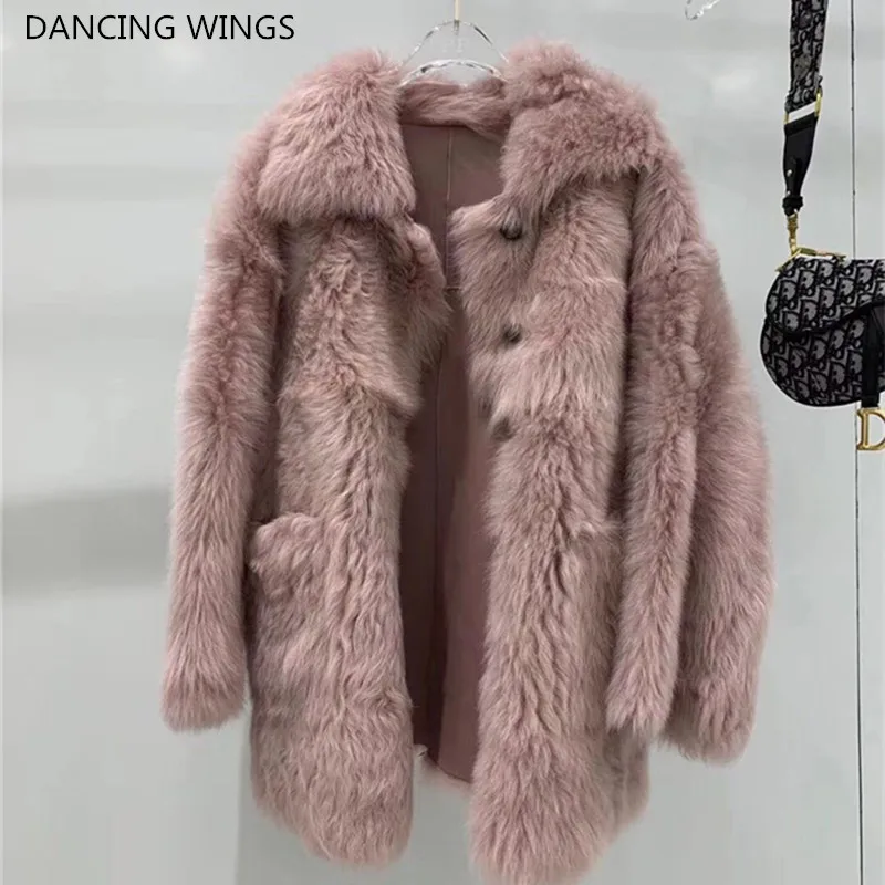 Женская шуба из натуральной шерсти, Толстая теплая Осенняя зимняя овечья шерсть, меховая куртка, двусторонняя - Цвет: pink
