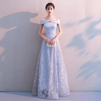 

Silver Women Slash Neck Party Dress Wedding Banquet Backless Costume Dress Elegant Prom Long Mesh Gown Vestido XS-XXL