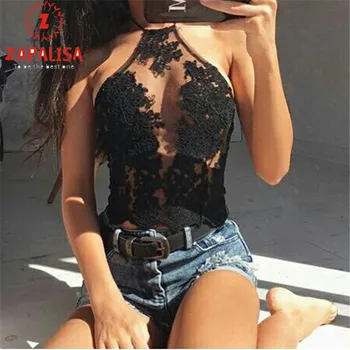 

Zapalisa Sleeveless Sexy Halter Top Lace Crop Tops Opened Back Off-Shoulder Leisure Femininas Tank Top