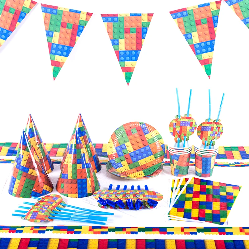 

Lego Building Blocks Party Decoration Tableware Set Plates Cups Banner Tablecloth Baby Shower Kids Birthday Party Decor Supplies