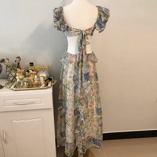 Women Chiffon Ruffles Summer Long Dress Floral Print Backless Bandage Holiday Beach Maxi Dress 3