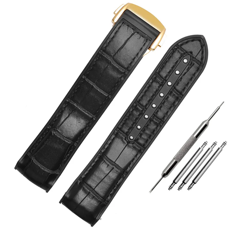 genuine leather watch bracelet 20 22mm bottom silicone watch strap Suitable for omega watchband folding clasp wristwatches band - Цвет ремешка: black gold buckle